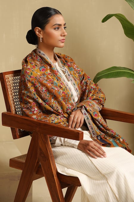 Dusala_Yellow Drema Kalamkari Pattern Shawl _at_Aza_Fashions