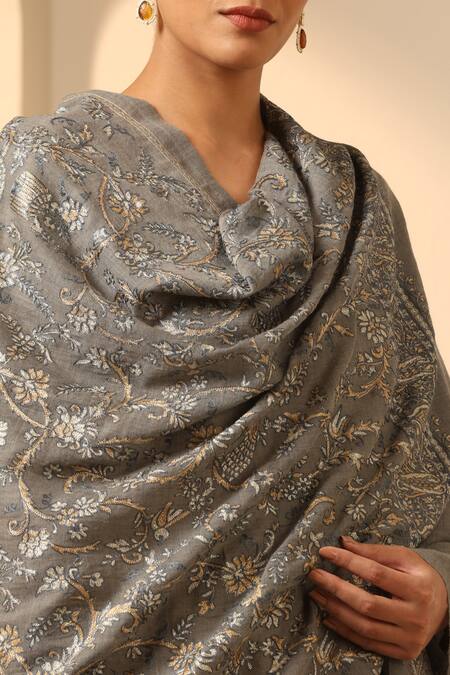 Dusala_Grey Kanchan Cashmere Floral Aari Embroidered Stole_Online_at_Aza_Fashions