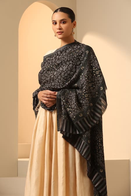 Shop_Dusala_Black Kuljeet Floral Pattern Cashmere Stole _at_Aza_Fashions