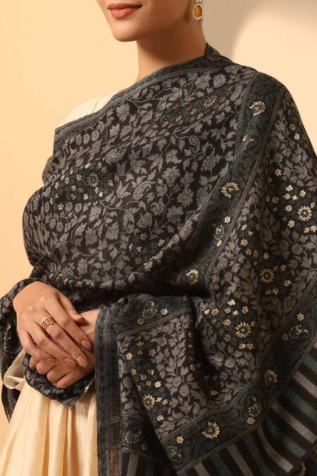 Dusala_Black Kuljeet Floral Pattern Cashmere Stole _Online_at_Aza_Fashions