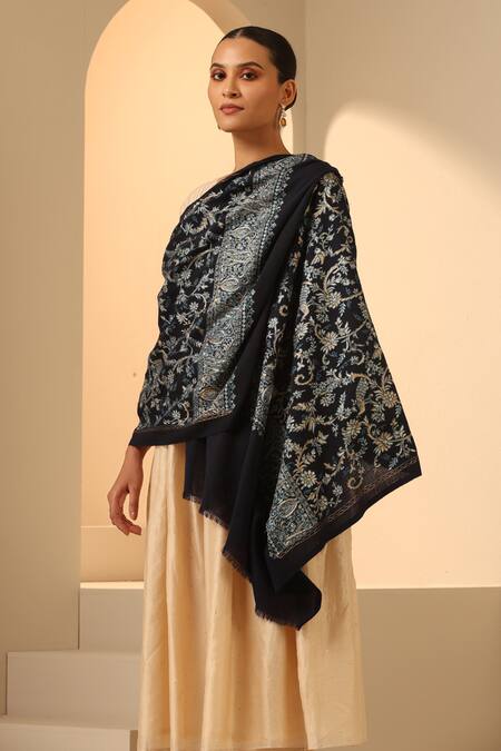 Dusala_Blue Rashmi Aari Work Cashmere Stole _Online_at_Aza_Fashions