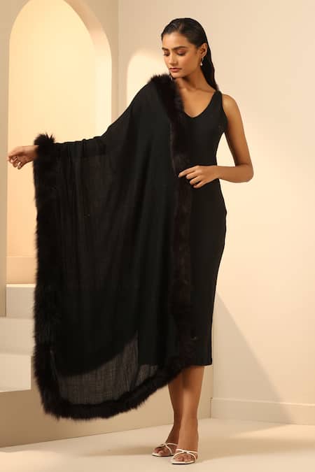 Shop Dusala Black Athena Cashmere Fur Stole at Aza Fashions Shop_Dusala_Black Athena Cashmere Fur Stole _at_Aza_Fashions