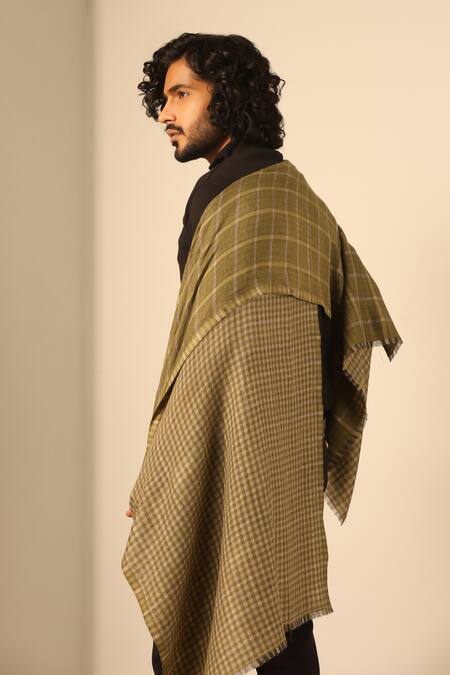 Shop Dusala Green Dhruv Cashmere Checkered Pattern Stole at Aza Fashions Shop_Dusala_Green Dhruv Cashmere Checkered Pattern Stole_at_Aza_Fashions