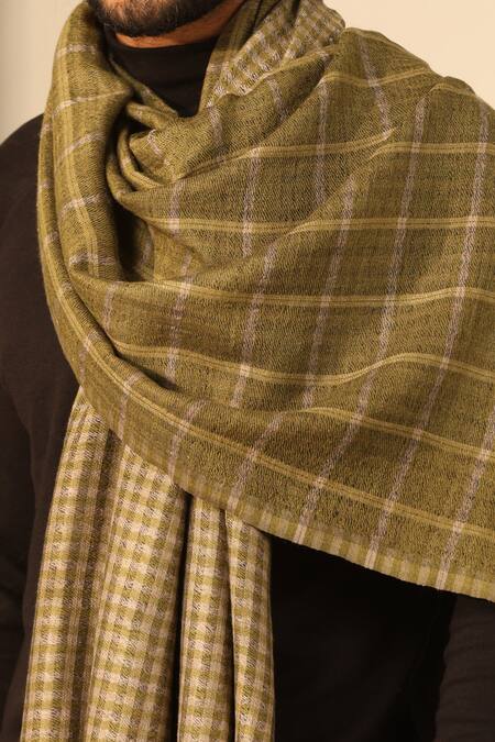 Dusala Green Dhruv Cashmere Checkered Pattern Stole Online at Aza Fashions Dusala_Green Dhruv Cashmere Checkered Pattern Stole_Online_at_Aza_Fashions