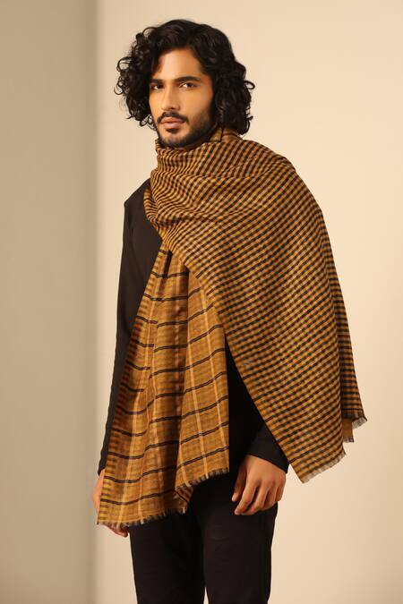 Shop Dusala Yellow Dhruv Cashmere Checkered Pattern Reversible Stole at Aza Fashions Shop_Dusala_Yellow Dhruv Cashmere Checkered Pattern Reversible Stole_at_Aza_Fashions