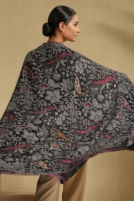 Shop_Dusala_Green Aarunya Fauna Pattern Cashmere Shawl _Online_at_Aza_Fashions
