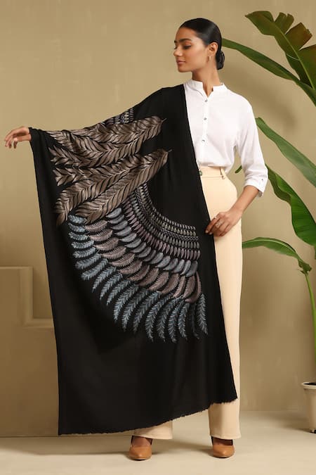 Shop Dusala Black Wings Embroidered Cashmere Stole at Aza Fashions Shop_Dusala_Black Wings Embroidered Cashmere Stole _at_Aza_Fashions