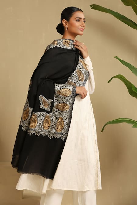 Buy_Dusala_Black Rewa Embroidered Cashmere Shawl_Online_at_Aza_Fashions