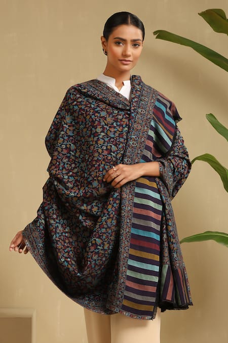 Dusala White Ema Floral Kani Pattern Cashmere Full Shawl 