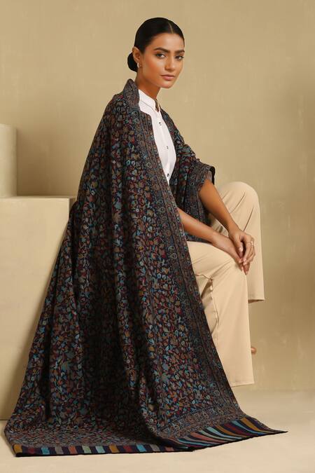 Dusala White Ema Floral Kani Pattern Cashmere Full Shawl Online at Aza Fashions Dusala_White Ema Floral Kani Pattern Cashmere Full Shawl_Online_at_Aza_Fashions