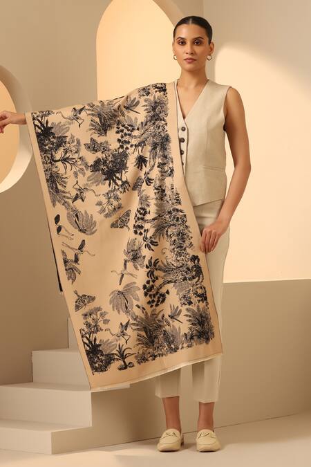 Shop_Dusala_Cream Nature Sera Woven Stole_Online_at_Aza_Fashions