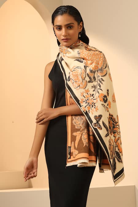 Dusala_Cream Zoe Blooming Woven Stole _Online_at_Aza_Fashions