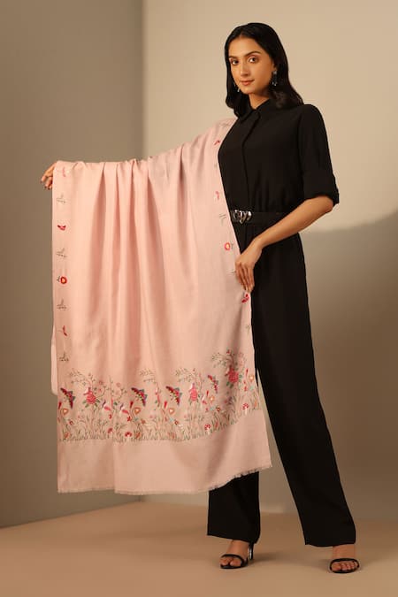 Shop_Dusala_Peach Ekantika Butterfly Garden Pashmina Shawl_at_Aza_Fashions