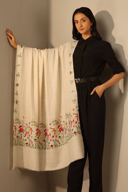 Dusala_Off White Ekantika Butterfly Bloom Pashmina Shawl_Online_at_Aza_Fashions