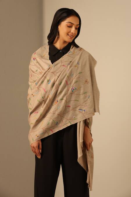 Dusala Beige Gyaan Tree Bird Jaal Pattern Pashmina Shawl