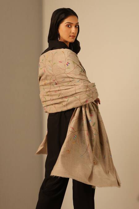 Dusala_Beige Gyaan Tree Bird Jaal Pattern Pashmina Shawl_Online_at_Aza_Fashions