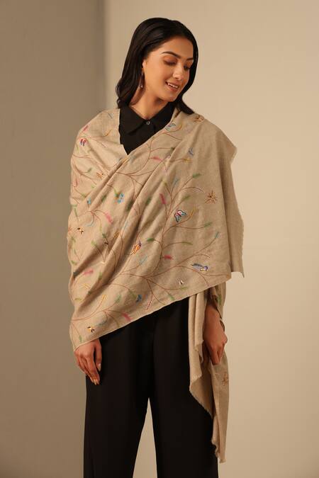 Buy_Dusala_Beige Gyaan Tree Bird Jaal Pattern Pashmina Shawl_Online_at_Aza_Fashions