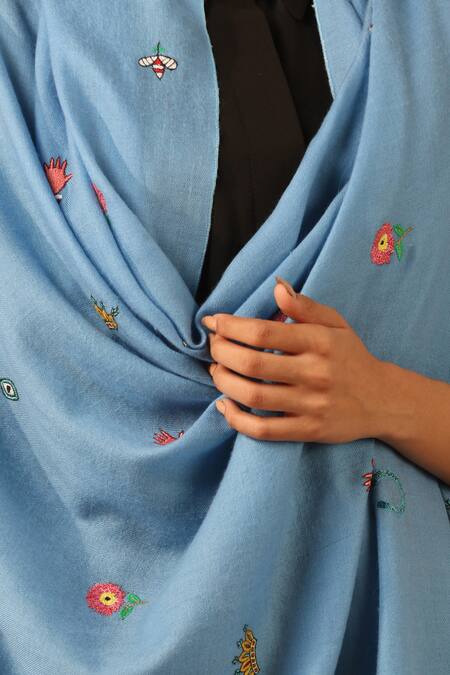 Dusala_Blue Gurvir Little Things Pattern Pashmina Shawl_Online_at_Aza_Fashions