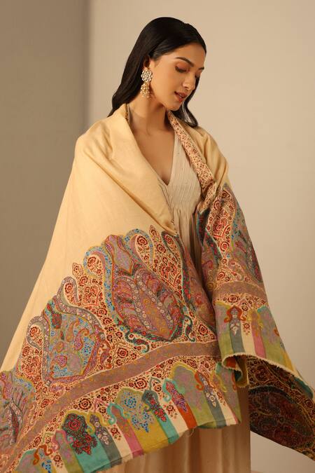 Buy_Dusala_Beige Aagya Persian Fleur Pattern Pashmina Shawl_Online_at_Aza_Fashions