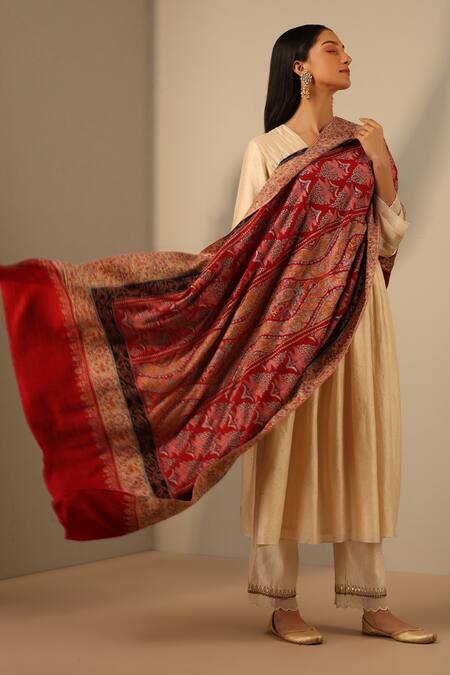 Dusala_Red Gatha Acanthus Pattern Pashmina Shawl_Online_at_Aza_Fashions