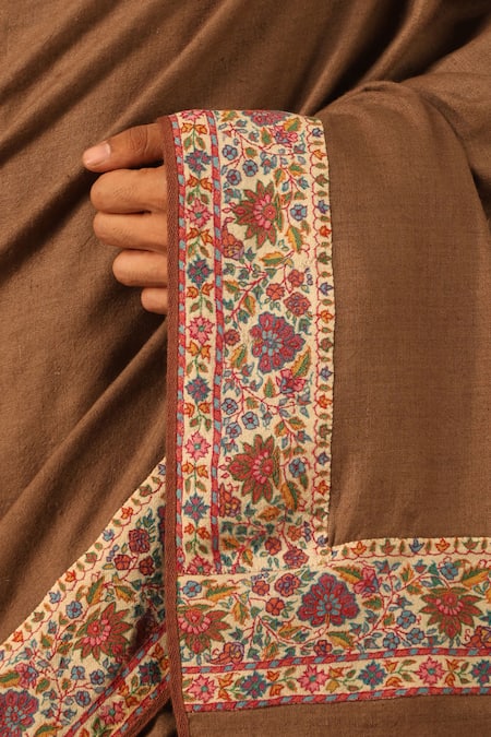 Dusala_Brown Adyah Blossomy Border Pashmina Shawl_Online_at_Aza_Fashions
