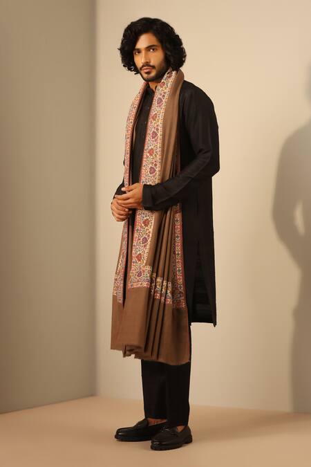 Buy_Dusala_Brown Adyah Blossomy Border Pashmina Shawl_Online_at_Aza_Fashions