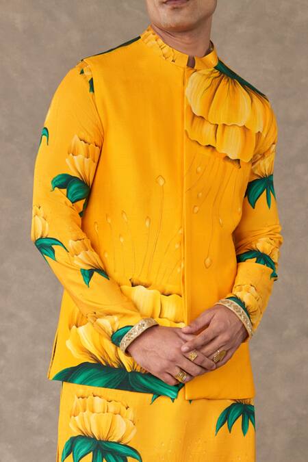Masaba_Yellow Silk Embroidery Floral Print Mustard Bundi_Online_at_Aza_Fashions