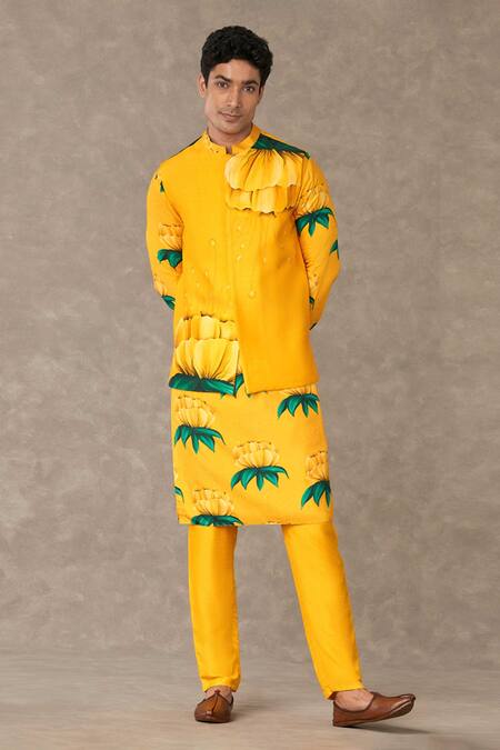 Masaba_Yellow Silk Embroidery Floral Print Mustard Bundi_at_Aza_Fashions