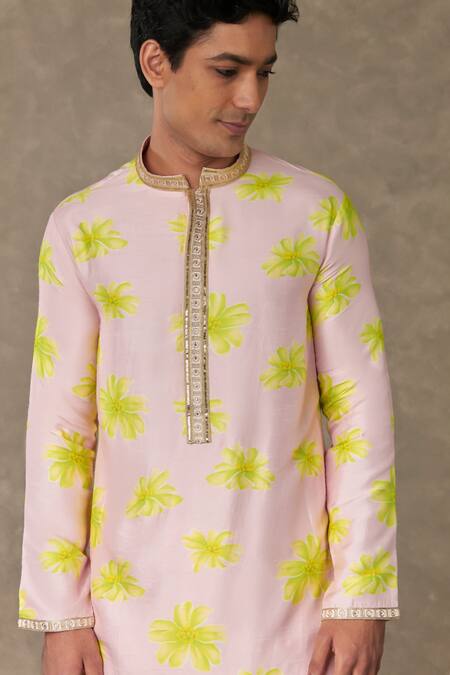 Masaba_Pink Silk Embroidery Parijat Floral Print Kurta Set_at_Aza_Fashions