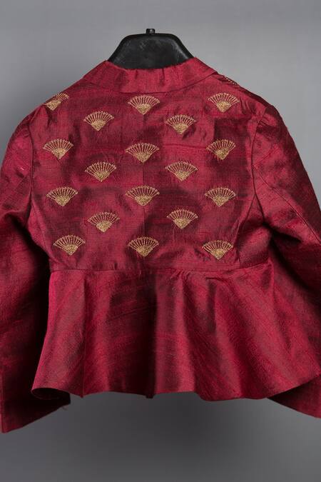 Shop Khela Maroon Raw Silk Embroidered Thread Peplum Jacket And Palazzo Set at Aza Fashions Shop_Khela_Maroon Raw Silk Embroidered Thread Peplum Jacket And Palazzo Set_at_Aza_Fashions