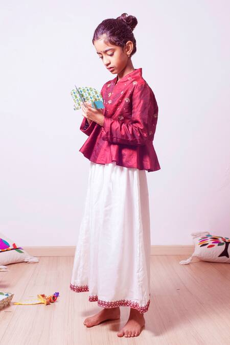 Khela Maroon Raw Silk Embroidered Thread Peplum Jacket And Palazzo Set Online at Aza Fashions Khela_Maroon Raw Silk Embroidered Thread Peplum Jacket And Palazzo Set_Online_at_Aza_Fashions