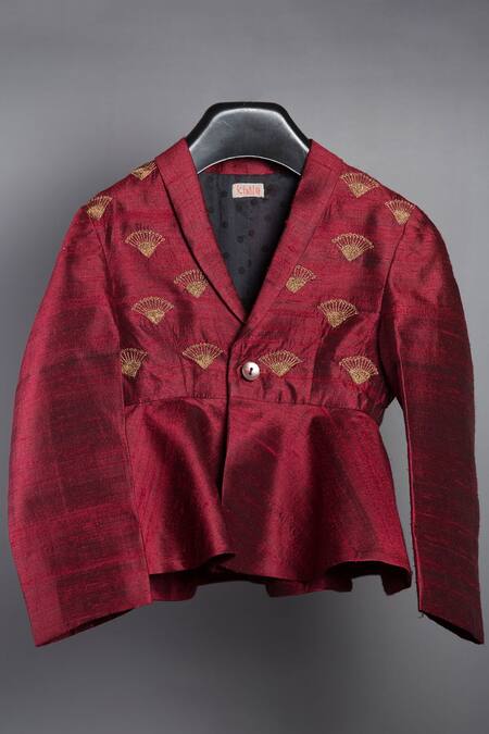 Shop Khela Maroon Raw Silk Embroidered Thread Peplum Jacket And Palazzo Set Online at Aza Fashions Shop_Khela_Maroon Raw Silk Embroidered Thread Peplum Jacket And Palazzo Set_Online_at_Aza_Fashions