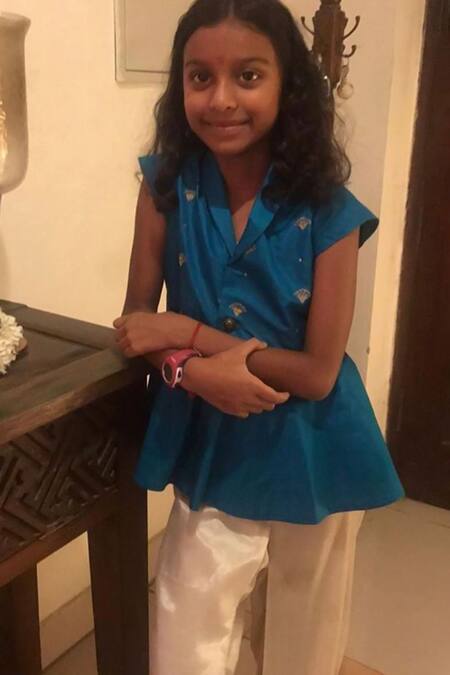 Khela_Blue Silk Embroidered Thread Hand Peplum Top And Dhoti Pant_Online_at_Aza_Fashions