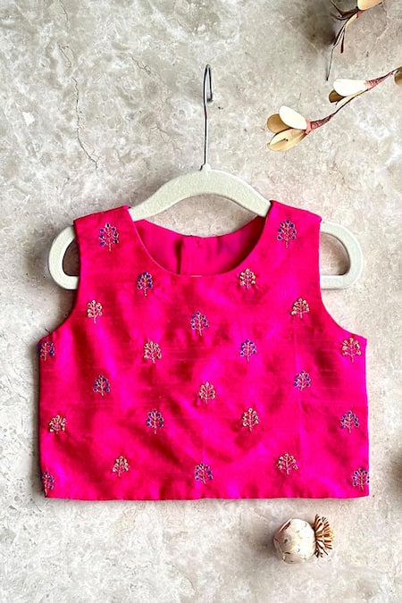 Shop_Khela_Pink Raw Silk Embroidered Resham Floral Pattern Skirt Set_at_Aza_Fashions
