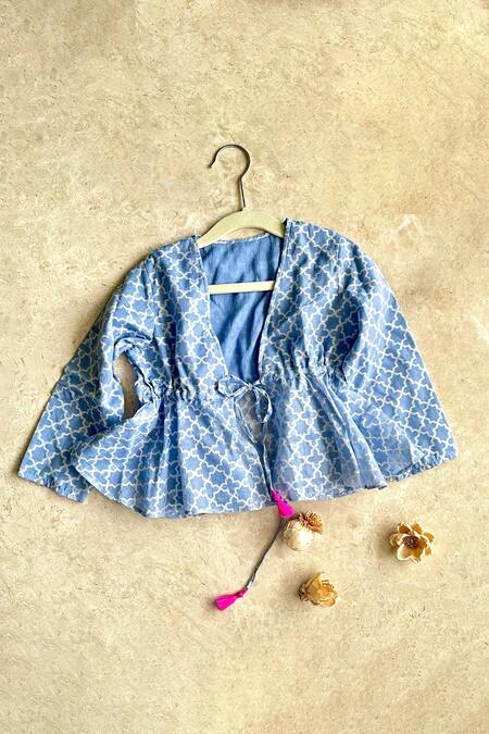 Buy_Khela_Blue Cotton Silk Embroidered Resham Peplum Overlay Floral Pattern Skirt Set_Online_at_Aza_Fashions