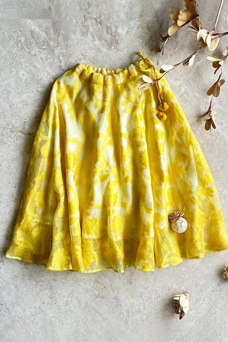 Shop_Khela_Blue Cotton Silk Azule Striped Top And Floral Pattern Tasseled Skirt Set_Online_at_Aza_Fashions