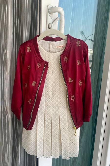 Shop_Khela_Maroon Satin Silk Embroidered Motif Warli Bomber Jacket_at_Aza_Fashions