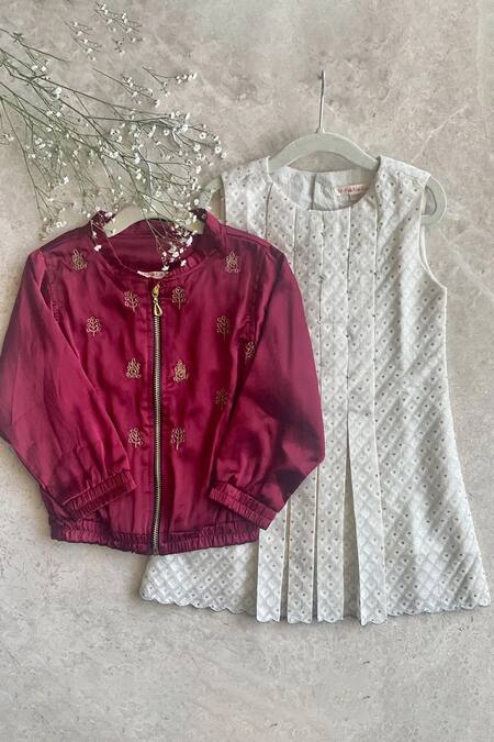 Khela_Maroon Satin Silk Embroidered Motif Warli Bomber Jacket_Online_at_Aza_Fashions