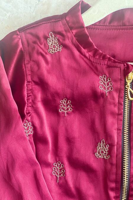 Buy_Khela_Maroon Satin Silk Embroidered Motif Warli Bomber Jacket_Online_at_Aza_Fashions
