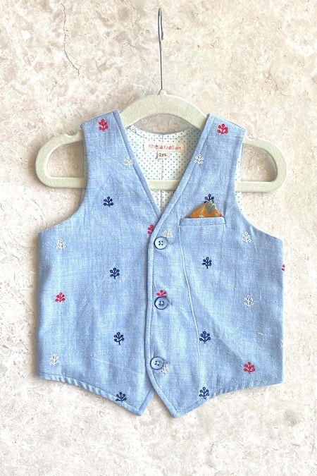 Shop_Khela_Blue Cotton Embroidered Thread Waistcoat Pant Set_Online_at_Aza_Fashions