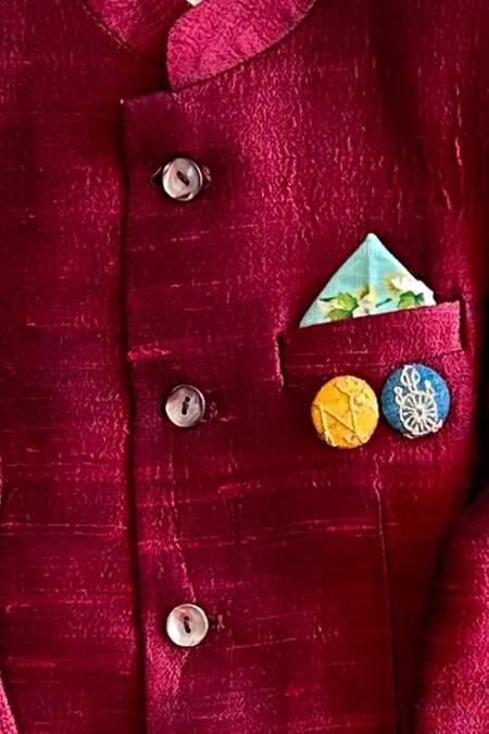 Khela_Maroon Raw Silk Block Print Floral Textured Bandhgala Kurta Set_Online_at_Aza_Fashions