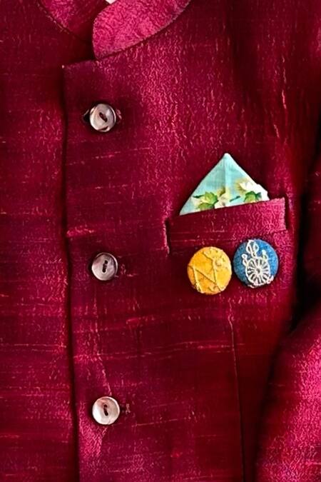 Shop_Khela_Maroon Raw Silk Block Print Floral Textured Bandhgala Set With Contrast Kurta_Online_at_Aza_Fashions