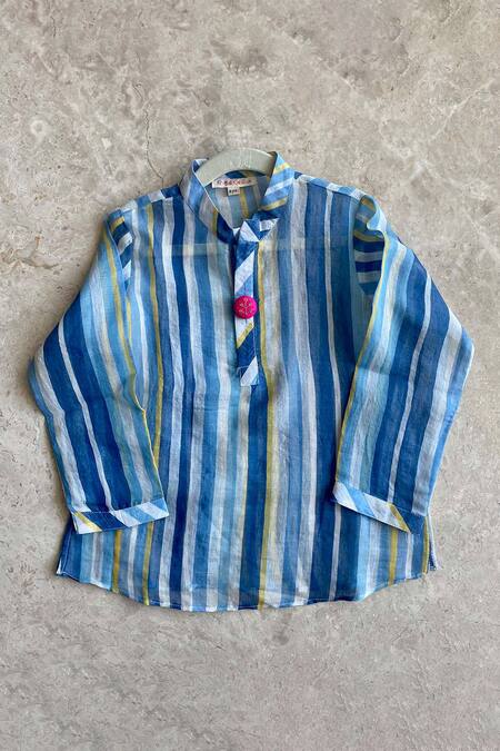 Khela_Ivory Cotton Silk Block Print Stripe Geometric Textured Bandhgala Kurta Set_Online_at_Aza_Fashions