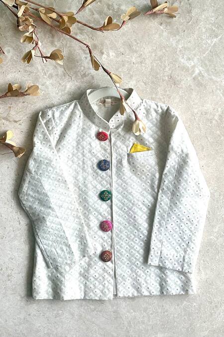 Shop_Khela_Ivory Cotton Silk Block Print Stripe Geometric Textured Bandhgala Kurta Set_Online_at_Aza_Fashions