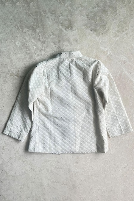 Khela_Ivory Cotton Silk Block Print Stripe Geometric Textured Bandhgala Kurta Set_at_Aza_Fashions