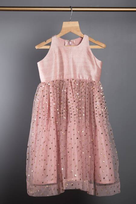 Khela_Peach Raw Silk Embroidered Sequin Dress_Online_at_Aza_Fashions