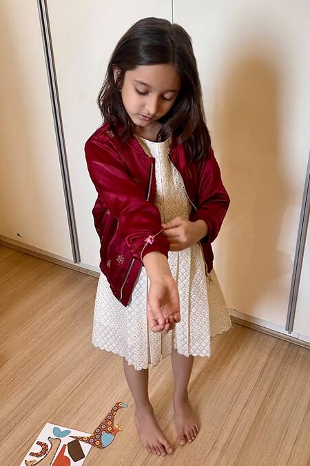 Khela Ivory Cotton Silk Woven Geometric Textured Pintuck Dress Online at Aza Fashions Khela_Ivory Cotton Silk Woven Geometric Textured Pintuck Dress_Online_at_Aza_Fashions