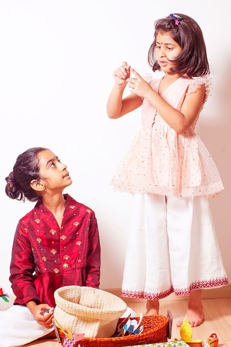 Shop_Khela_Peach Raw Silk Embroidered Sequin Peplum Kurta With Palazzo_Online_at_Aza_Fashions