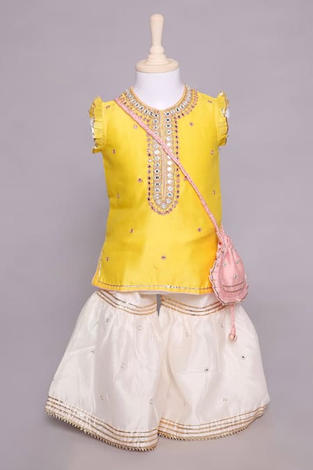 Mockingbird Yellow Chanderi Silk Embroidered Mirror And Work Kurta Gharara Set  