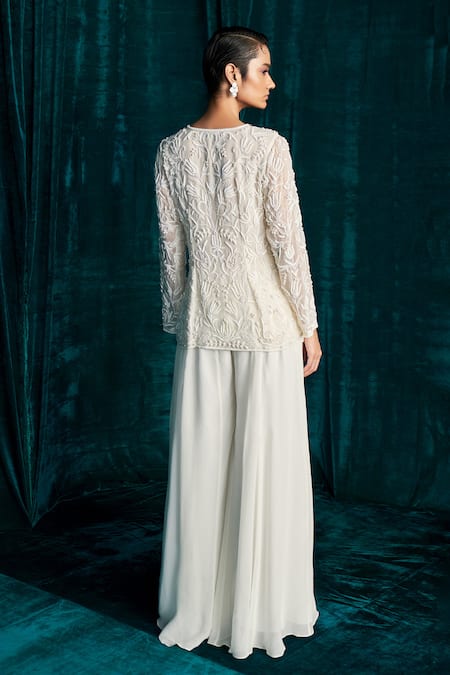 Shop Kashmiraa Ivory Organza, Georgette Beads, Cut Work Pearl Embroidered Jacket And Palazzo Set at Aza Fashions Shop_Kashmiraa_Ivory Organza, Georgette Beads, Cut Work Pearl Embroidered Jacket And Palazzo Set _at_Aza_Fashions